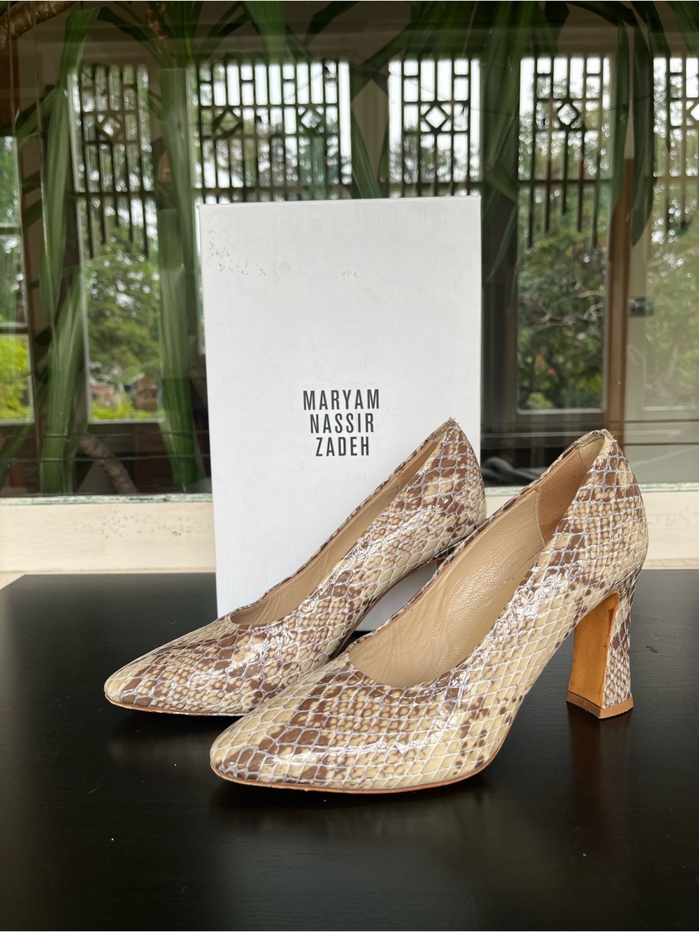 Maryam Nassir Zadeh Neutral Snake-Print Leather Pumps